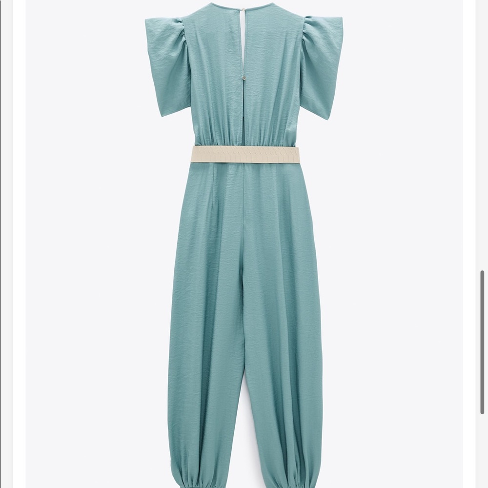 Zara NWOT Puff Sleeve Blue Belted Jumpsuit - Picture 5 of 16